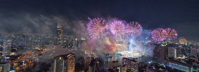  Countdown fireworks for the 2024 New Year festival In the middle of the Chao Phraya River in front...