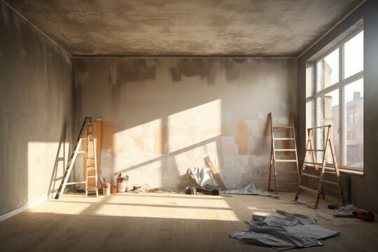 Room being painted with a metal ladder, paint bucket, and roller against an orange wall with a unpainted white patch, bathed in warm sunlight.