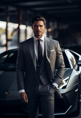 A handsome man 40 years near a Lamborghini