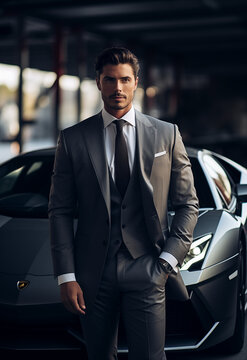 A handsome man 40 years near a Lamborghini