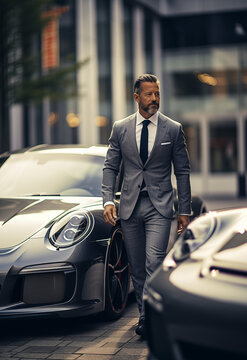 A handsome man 40 years near a Porsche 911 GT