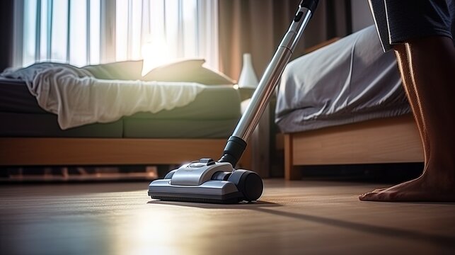 A man with a vacuum cleaner, removing dust from the carpet in the bedroom