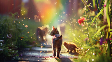 Cats walking away to the rainbow - obrazy, fototapety, plakaty