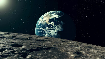 Earth rising over horizon on the Moon
