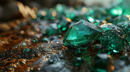 A 3D rendering of emerald green gemstones or crystals scattered across the background, adding a touch of glamour and elegance to design projects. [Emerald background for the design