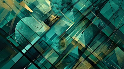An abstract geometric pattern featuring emerald green shapes and lines, providing a contemporary and visually striking backdrop for digital and print designs. [Emerald background f - obrazy, fototapety, plakaty