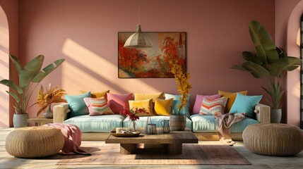 Boho cozy living room design, bright wall mockup.