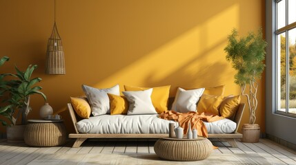 Boho cozy living room design, bright wall mockup.
