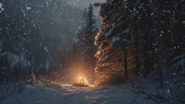 winter camping in the mountains with tents and snowfall. Seamless looping time-lapse virtual video animation background 