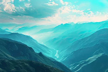 Poster Mountains landscape in the style of light sky blue © BrandwayArt