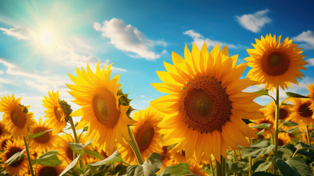 Sunflower sunny flower background field landscape plant yellow sky summer nature blue rural