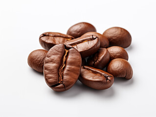 Roasted coffee beans in close-up with visible oils and shine on white isolated background