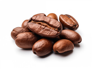 Roasted coffee beans in close-up with visible oils and shine on white isolated background