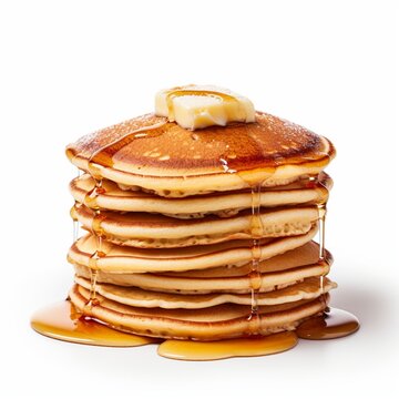 Stack Of Pancakes With Syrup And Butter On White Background