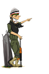 a soldier with a weapon in his hand who is standing casually showing something on a white background