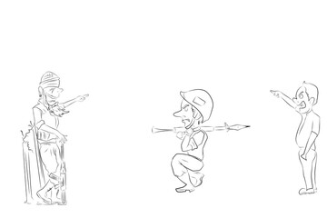 Funny sketch, soldiers are fighting on a white background, shooting in the wrong direction