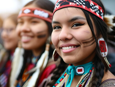 Smiling native indigenous people of Canada dressed in colorful native clothes