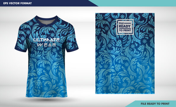 Pattern design, illustration, textile background for sports t-shirt, football jersey shirt mockup for football club. consistent front view floral batik sky blue and black 