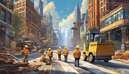 Construction workers in an urban environement - obrazy, fototapety, plakaty