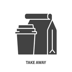 Take away vector concept. Package with food and paper cup glyph icon. - 701365566
