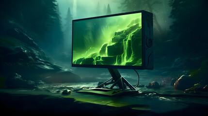 Computer monitor in green nature environment, surrounded by rocks mountains and rivers. Ecology screen display, clean renewable outdoor energy