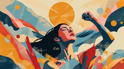 A minimalist illustration portraying the strength and resilience of women, with empowering symbols like a clenched fist or a rising sun, commemorating their journey on Internationa - obrazy, fototapety, plakaty