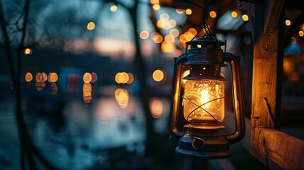 Fototapeta na wymiar A bokeh image featuring the soft glow of a lantern hanging from a fishing tent, creating a warm and inviting atmosphere for a restful break during a fishing trip. [On a fishing tri