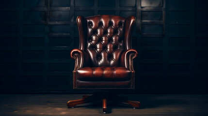 A shiny and expensive brown luxurious office chair or royal classic vintage armchair made of leather placed on a wooden parquet floor in front of the gray wall in an empty dark room