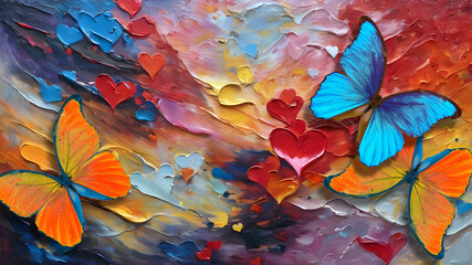 abstract background for valentine's day. oil paints. colorful paint strokes in the shape of hearts and bright tropical morpho butterflies