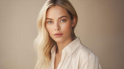 Fototapeta premium Portrait of a Young Woman with Blonde Hair, Adorned in Simple Yet Stylish Attire