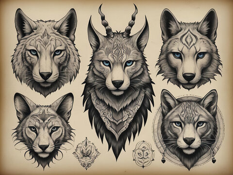 Vintage Neo-Traditional Animal Portraits - Intricate dotwork and stippling tattoo design on aged parchment Gen AI