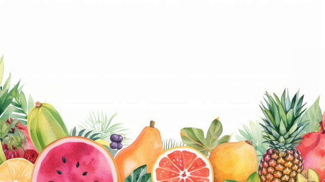 Fruits at the bottom of the picture, watercolor, free space for your text, background