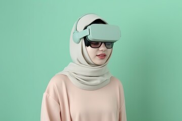 Hipster Woman with Hijab in Pastel Blue Minimalistic Virtual Reality (VR) Concept