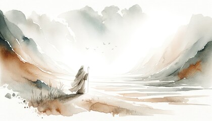 The Call of Abraham. Old Testament. Watercolor Biblical Illustration