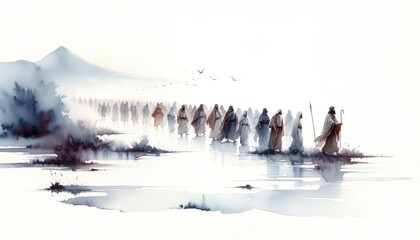 Exodus from Egypt. Exodus 12:40. Old Testament. Watercolor Biblical Illustration - obrazy, fototapety, plakaty