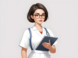 Young female nurse wearing glasses, standing holding a notebook, short hair, clip art illustration, isolated background