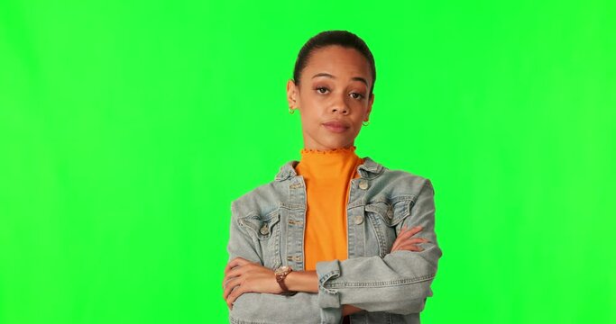 Angry, woman and arms crossed on green screen with frustrated, moody and grumpy attitude on studio background. Mad, hurry and gen z person or model snapping fingers for fast service or attention