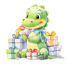 Naklejka premium baby crocodile watercolor surrounded by gift boxes Illustration for Baby Shower and First Birthday Décor, isolated on transparent background