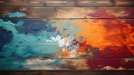 Oil or acrylic paint splatters on a wood plank top table. Top view of an antique, rustic wooden desk with a sloppy, colorful paint splash as an abstract background for an artist's workspace