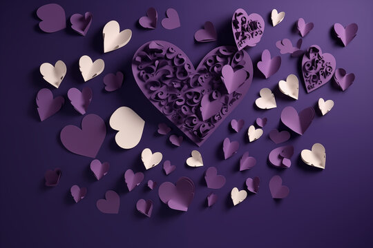 Purple Passion: Paper Hearts Cutouts Adorn a Lush Background, Infusing the Scene with Artistic Elegance