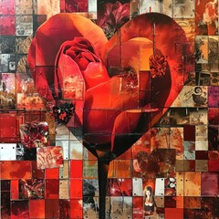 A bold and colorful Valentine’s Day heart-themed collage, combining different textures and patterns to form a larger heart shape, perhaps symbolizing the multifaceted nature of love.