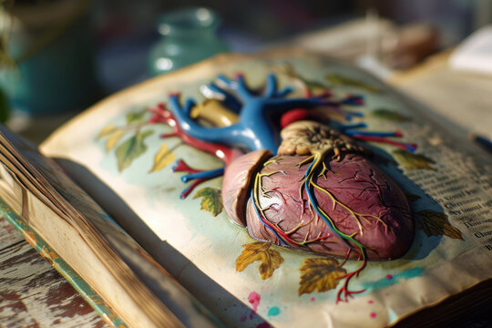 An anatomical heart model resting on an open book, surrounded by art supplies, suggesting a theme of education, art, and science merging together. - Powered by Adobe