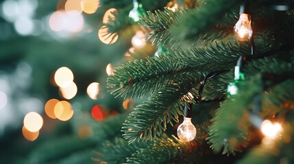 Lighting garland bulbs on a fir tree, macro view. Merry Christmas and happy New Year horizontal banner, concept, wallpaper