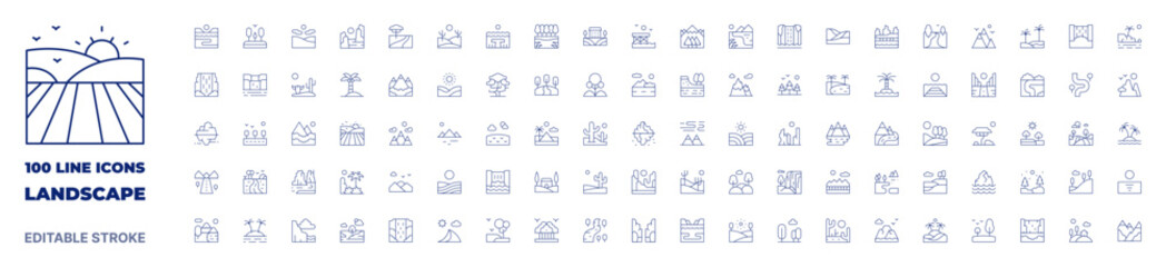 100 icons Landscape collection. Thin line icon. Editable stroke. Landscape icons for web and mobile app. - obrazy, fototapety, plakaty