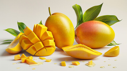 Illustration of fresh yellow mango on an unusual background, natural colors, and realistic shades.
