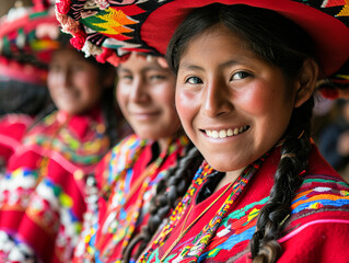 Smiling native indigenous people of Peru dressed in colorful native clothes