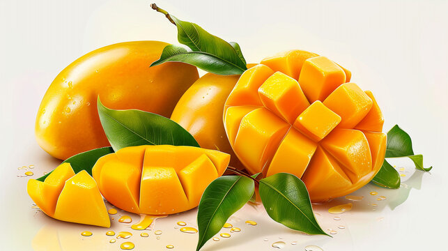 Illustration of fresh yellow mango on an unusual background, natural colors, and realistic shades.