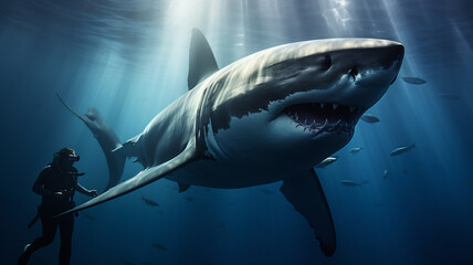 Great white shark posing in deep blue water with diver. AI generated