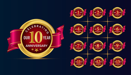 Anniversary celebration golden luxury number emblem logo symbol vector graphic badge template set.