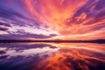 Tranquil lake, ablaze in orange and purple sunset hues. - Powered by Adobe